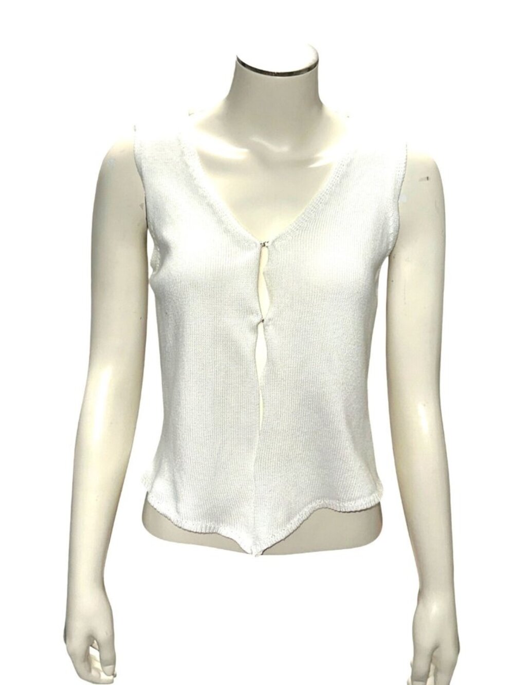 White Knit Sweater Vest V Neck Hook Eye Front Pointed Hem Layering Top Cardigan